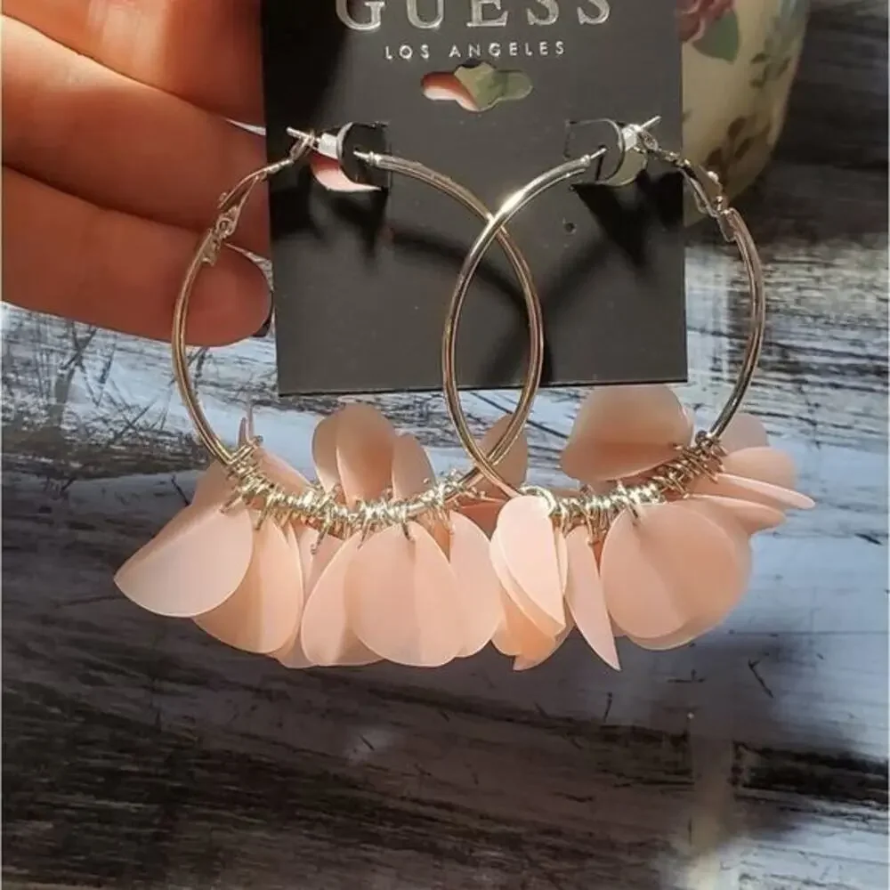 New Guess silver hoop pink flutter earrings‎